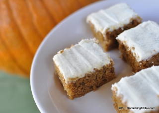 Don’t call it a Sheet Cake: Whole Wheat Pumpkin Bars with Bourbon and Vanilla Cream Cheese Frosting.